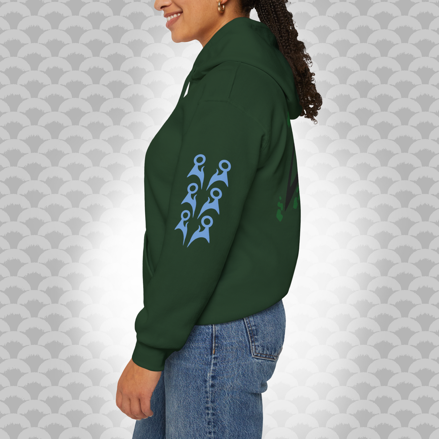 Modelo del Hoodie La Perfección variante verde bosque "Célula" de lado