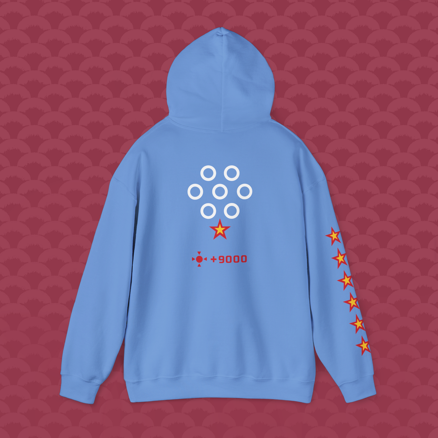 Hoodie Las Siete Estrellas, variante azul celeste "Divino" de espalda
